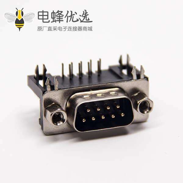 d-sub 9针公头弯式连接器黑色胶芯带铆锁插PCB板