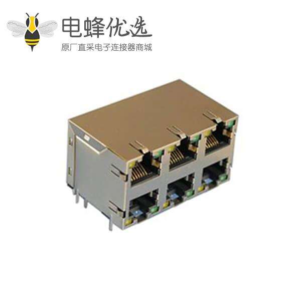 RJ45以太网接口连接器母座2*3双层6口带屏蔽带滤波器带灯