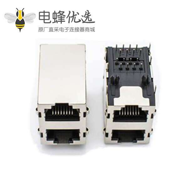 USB与RJ45连接器母座双层屏蔽带弹片带灯