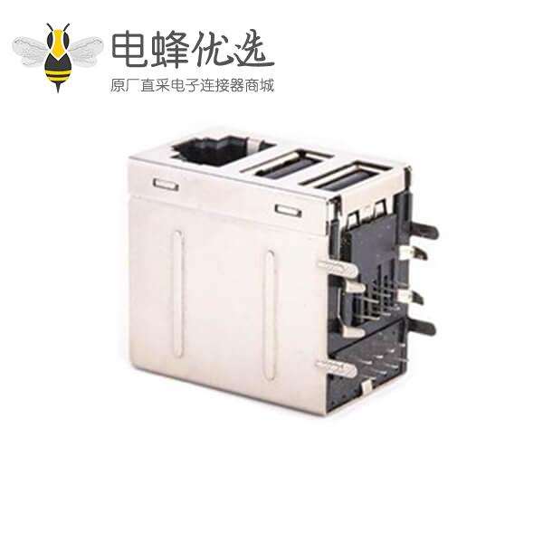 RJ45连接器加双层USB2.0母座连接器屏蔽不带灯