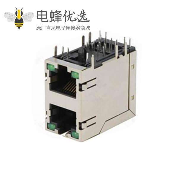 双口RJ45连接器母头2*1双层2口带灯带屏蔽带滤波器