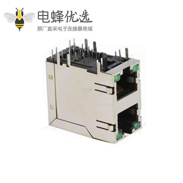 双口RJ45连接器母头2*1双层2口带灯带屏蔽带滤波器