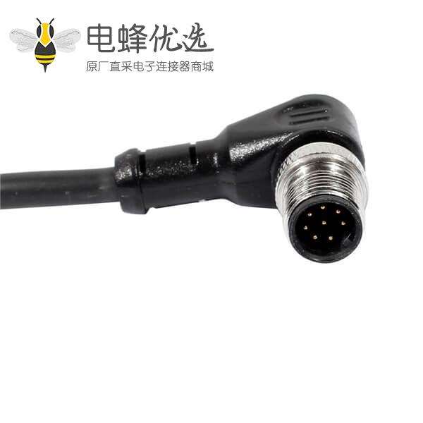 M12连接器8pin公弯头A型编码预铸式带线型防水插头单边电缆AWG26 2M