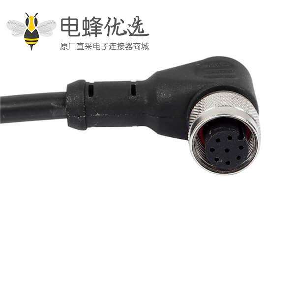 M12连接器8pin A型 母弯头成型式预铸式带线2M防水航空插头