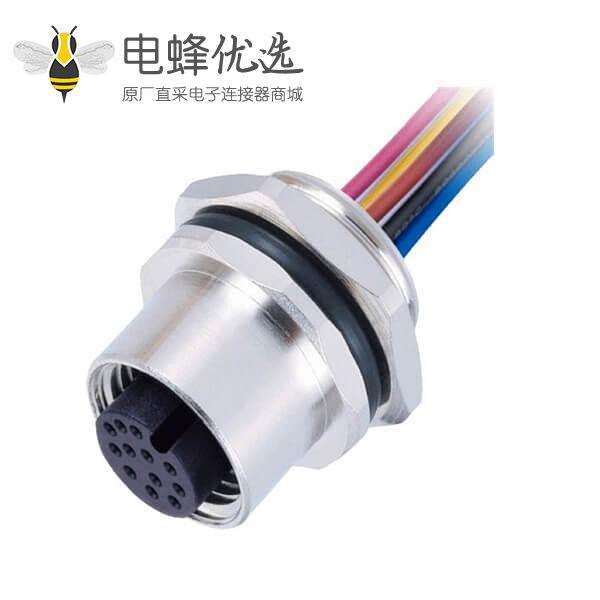 M12传感连接器 12pin A型板端母座子焊接带线1M防水插头