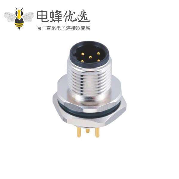 M12连接器5P 公座 B型板端PCB插板式 后锁工业防水传感连接器