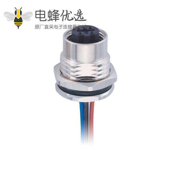 M12传感连接器 4pin D型板端母座子 前锁焊线1M 防水插头