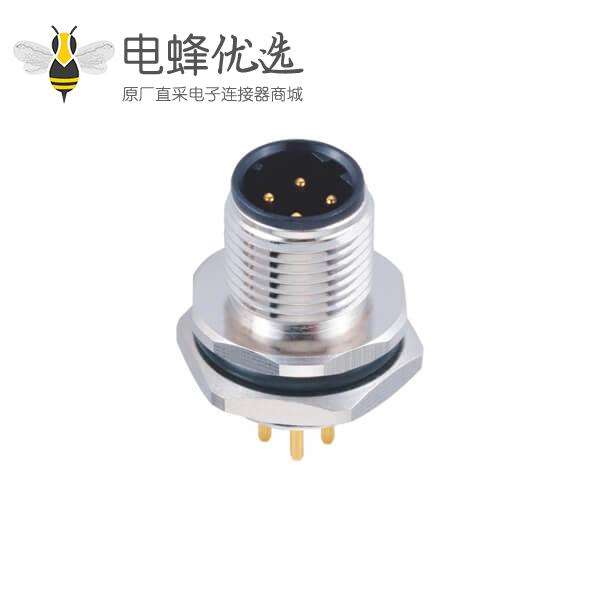 M12连接器4芯板端D型公座PCB插板式后锁工业防水传感连接器