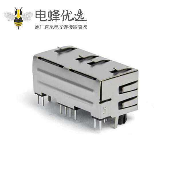 双口RJ45插座1X2连接器屏蔽带灯带弹片