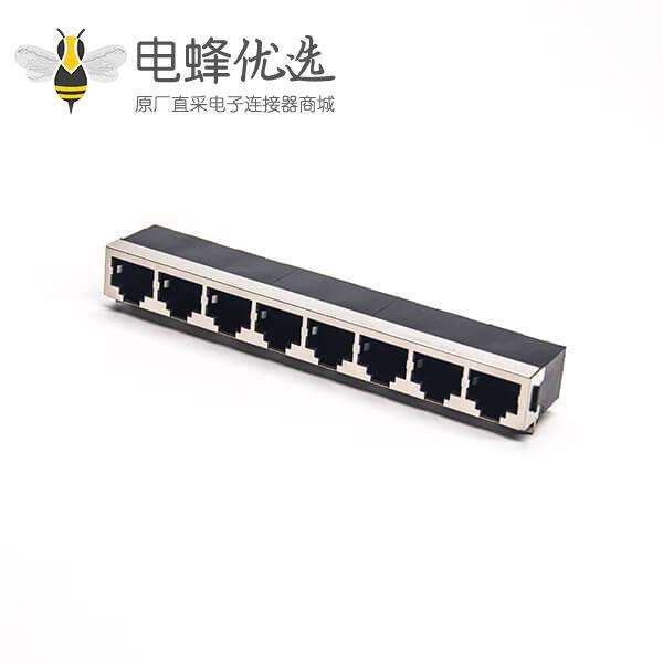 8口rj45插座全屏蔽以太网连接器弯式插板1*8