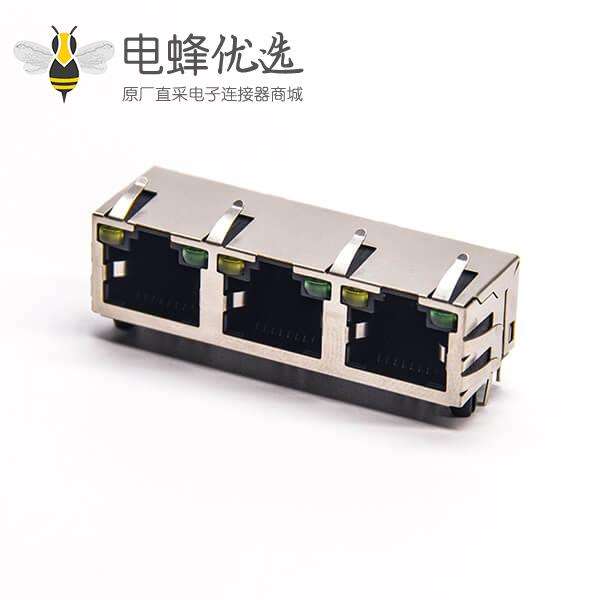 rj45母座pcb弯式1*3插板全包带屏蔽带灯带弹片