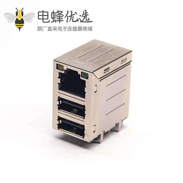 rj45加双层usb2.0弯式90度穿孔插PCB板带led灯带屏蔽式