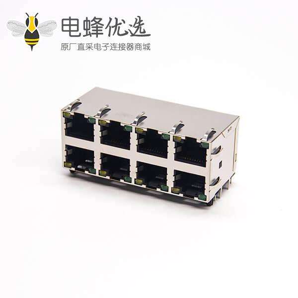 2x4 ports rj45网络插座8p8c弯式插板连接器屏蔽外壳带灯