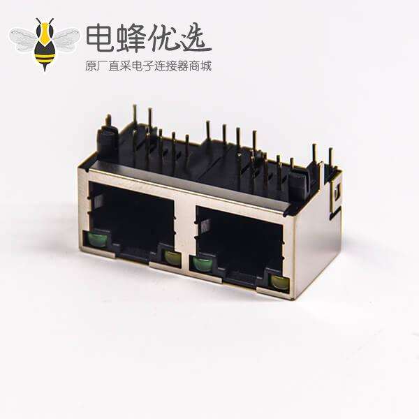 rj45网口端口1x2弯式90度插PCB板带灯半包带屏蔽