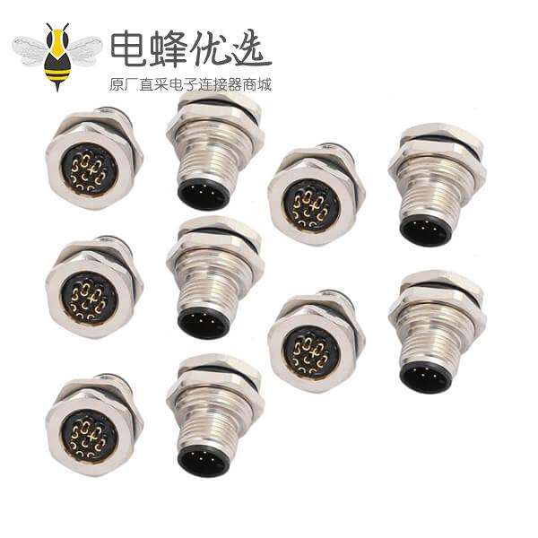 M12 8芯板端接头公头前锁板焊线插座开板尺寸M16*10PCS