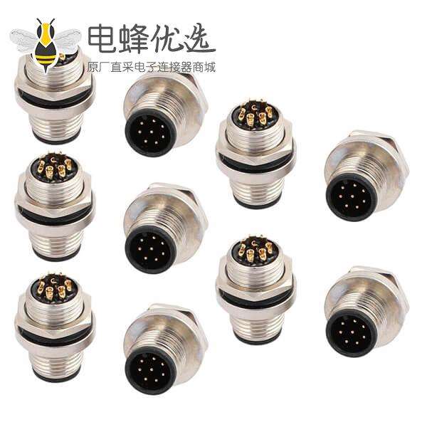 M12 8芯公头板端后锁板焊线插座防水连接器10PCS