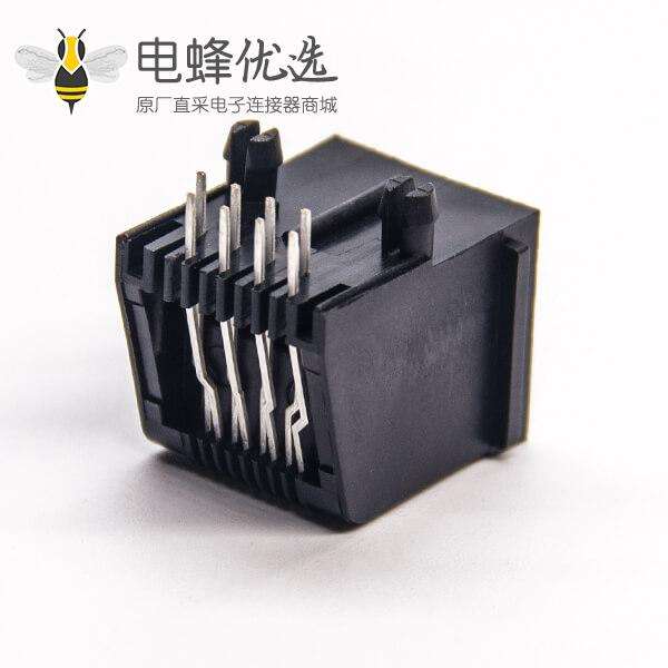 RJ45连接器母座黑色全塑8p8pc非屏蔽座子弯插板