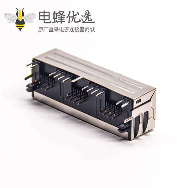 rj45母座pcb弯式1*3插板全包带屏蔽带灯带弹片