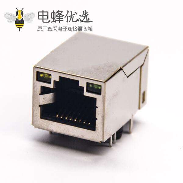 rj45插座带灯弯式插PCB板带定位柱屏蔽外壳