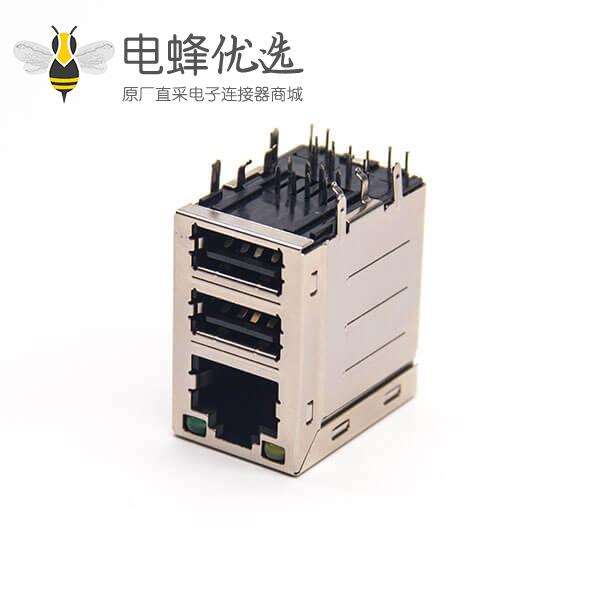 rj45加双层usb2.0弯式90度穿孔插PCB板带led灯带屏蔽式