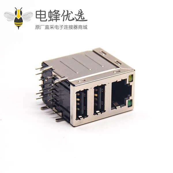 rj45加双层usb2.0弯式90度穿孔插PCB板带led灯带屏蔽式