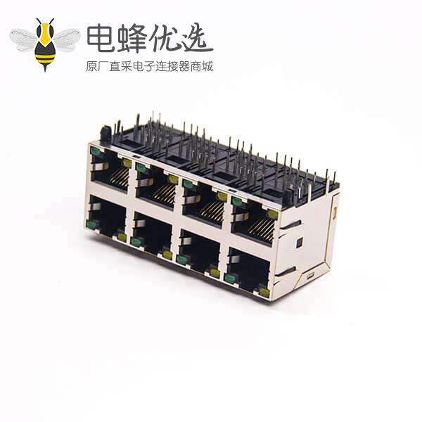 2x4 ports rj45网络插座8p8c弯式插板连接器屏蔽外壳带灯