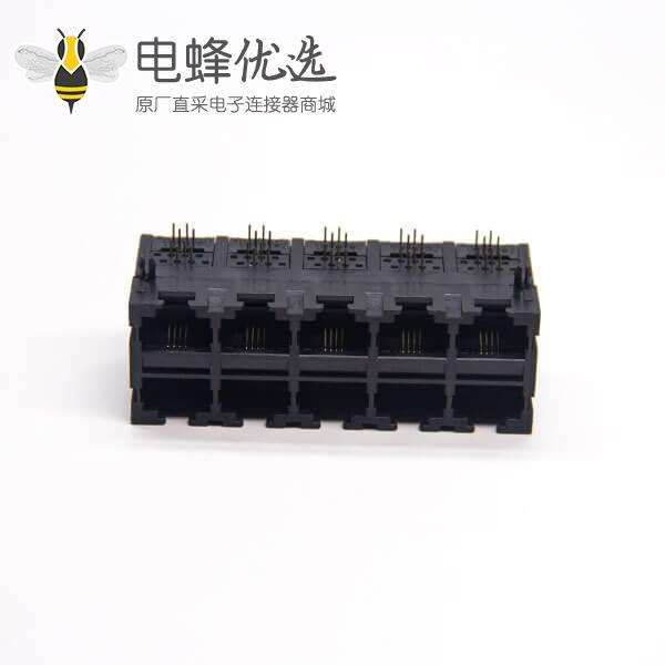 双层rj45插座全塑料弯式90度2x5端口黑色不带屏蔽