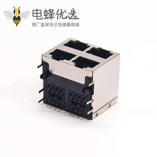 rj45母座2x2端口90度弯式屏蔽式接PCB板穿孔式