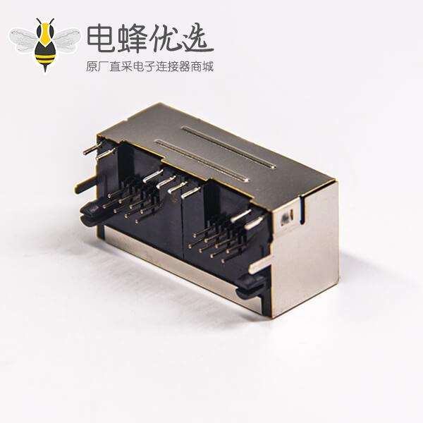 rj45网口端口1x2弯式90度插PCB板带灯半包带屏蔽