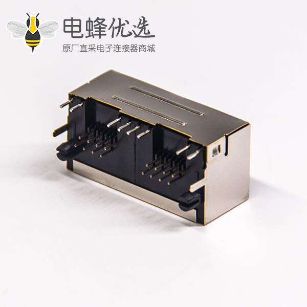 rj45网口端口1x2弯式90度插PCB板带灯半包带屏蔽