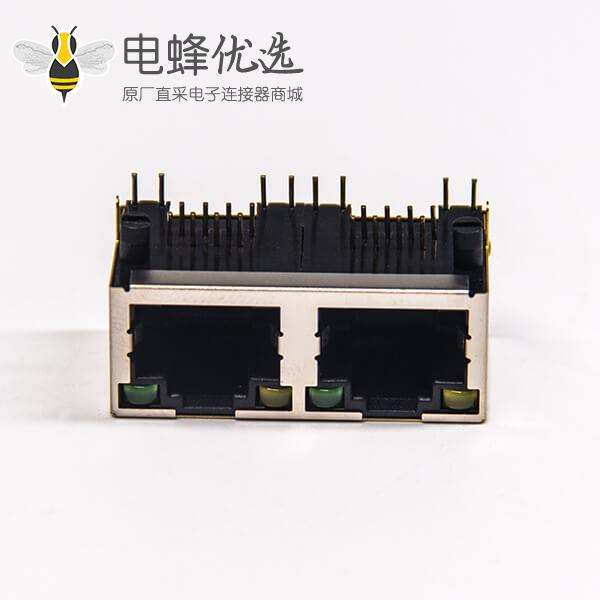 rj45网口端口1x2弯式90度插PCB板带灯半包带屏蔽