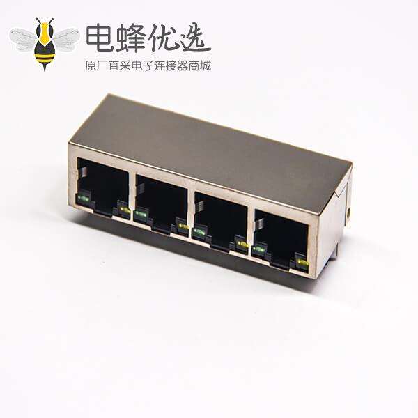 带滤波器的RJ45网络模块化连接器1×4多端口90º带灯