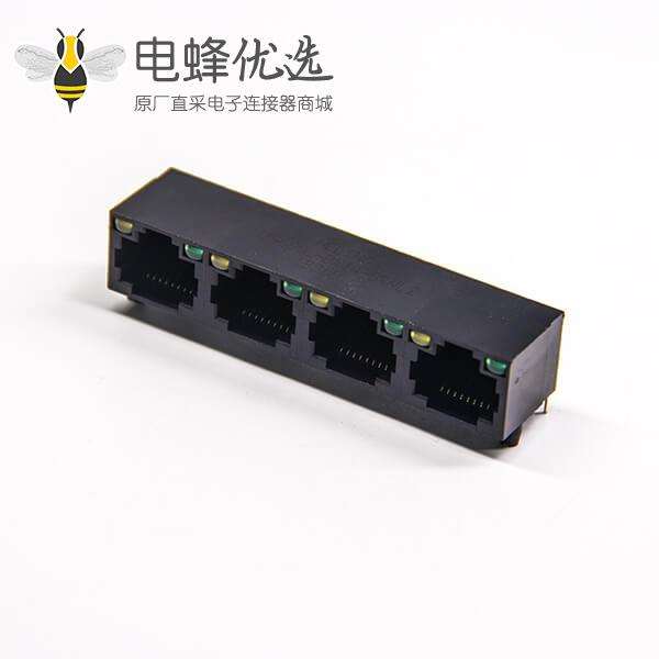 直插式rj45 8p8c单层多端口1×4黑色非屏蔽式带led灯