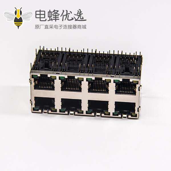 rj45网口接头母座2×4端口弯式带屏蔽外壳带弹带灯