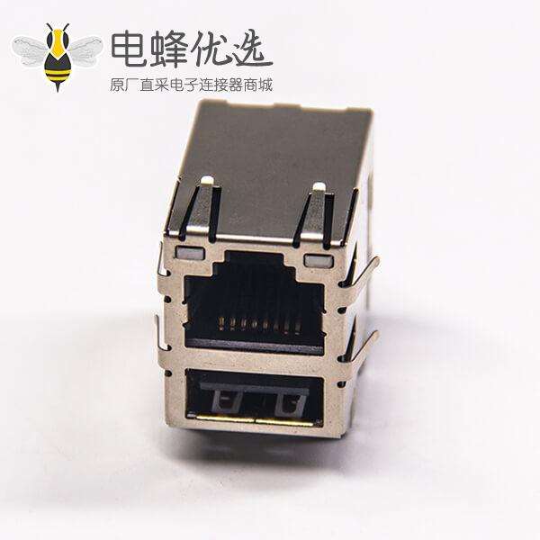 rj45加单层usb插座弯角90度屏蔽外壳带滤波器带灯带弹片直插式