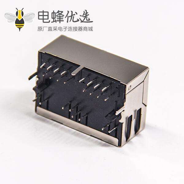 RJ45弹片 带灯双端口1×2弯式8p8c全包屏蔽式网络连接器