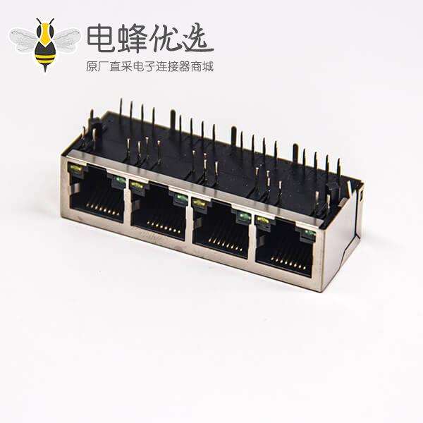 带滤波器的RJ45网络模块化连接器1×4多端口90º带灯