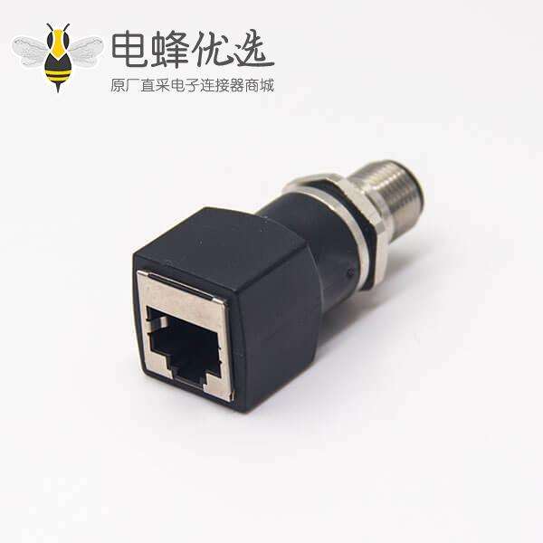 m12公头转rj45母头转接头m12直式4pin穿墙转rj45直型连接器