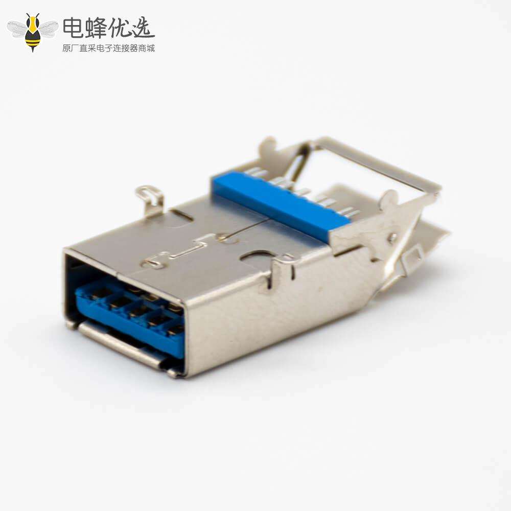 USB typeA接口板上沉板双层铁壳前脚插孔直式9芯母头连接器