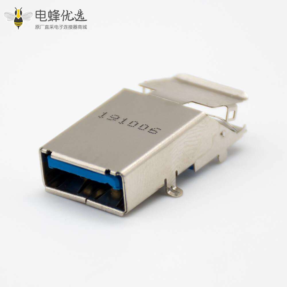 USB typeA接口板上沉板双层铁壳前脚插孔直式9芯母头连接器