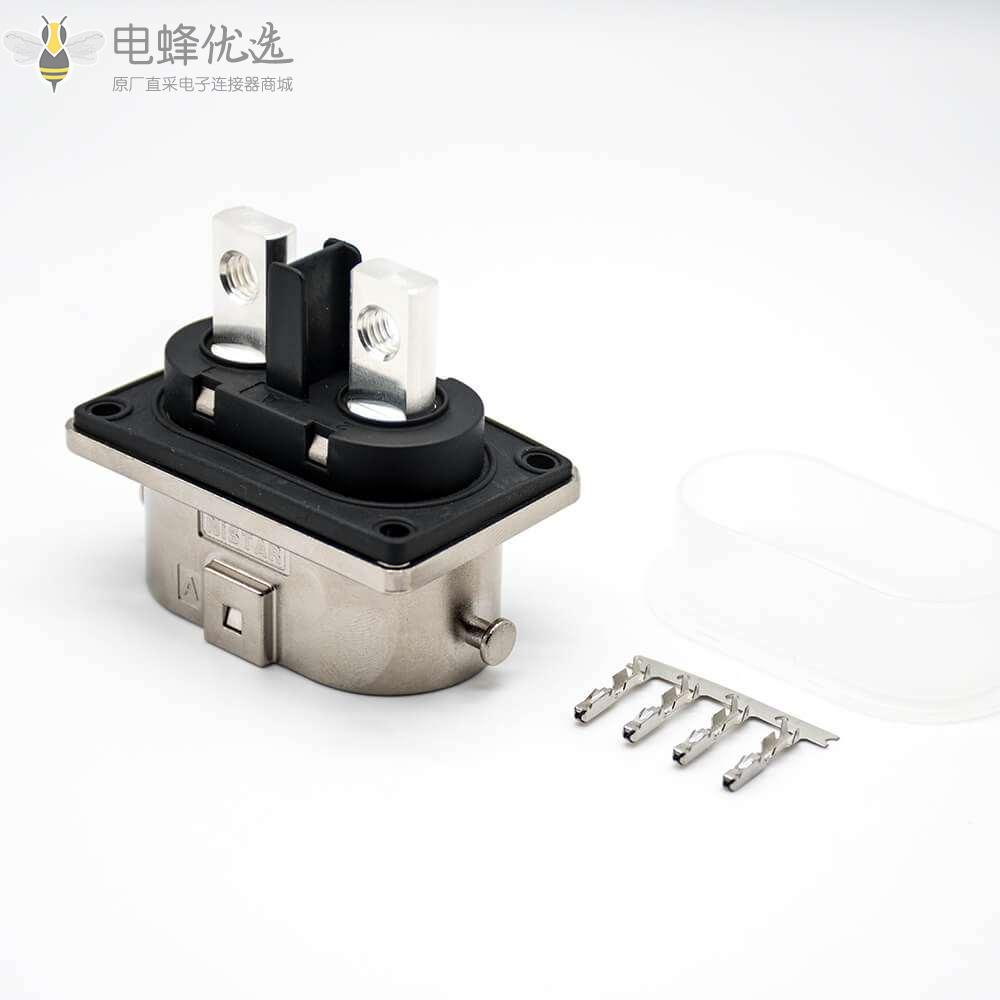 高压互锁连接器2芯直式插座面板安装4孔法兰125A金属外壳