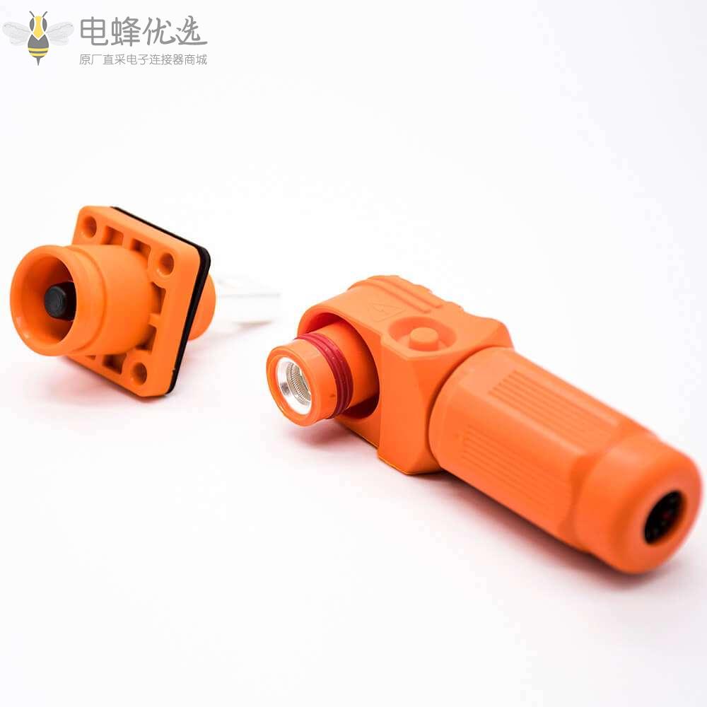 储能电池连接器公母防水弯式插头对接直插座单芯8mm200A橙色塑料铜牌连接