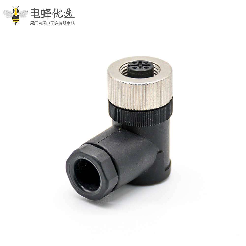 m12连接器母头4芯90度螺丝锁连接器不带屏蔽