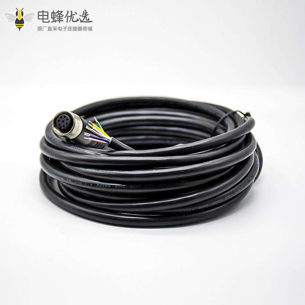 M12传感器8芯防水连接器直通式带线母接头单边电缆5M