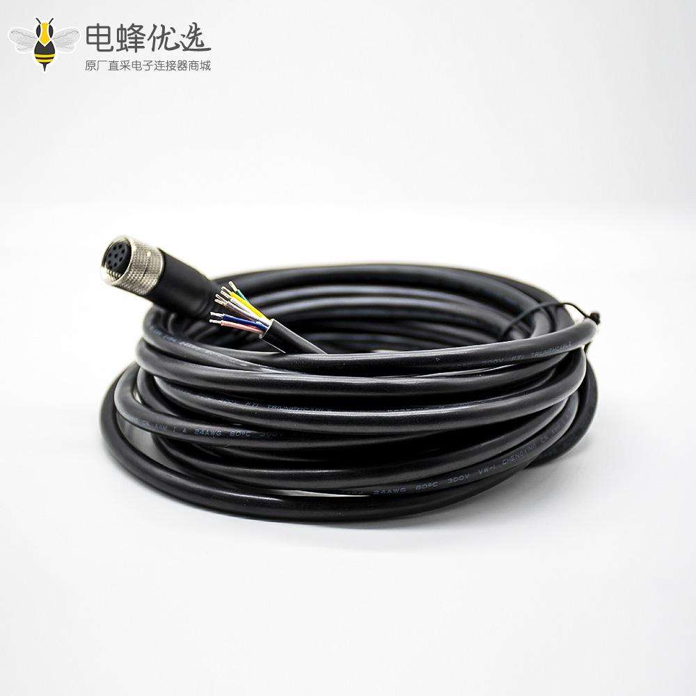 M12传感器8芯防水连接器直通式带线母接头单边电缆5M