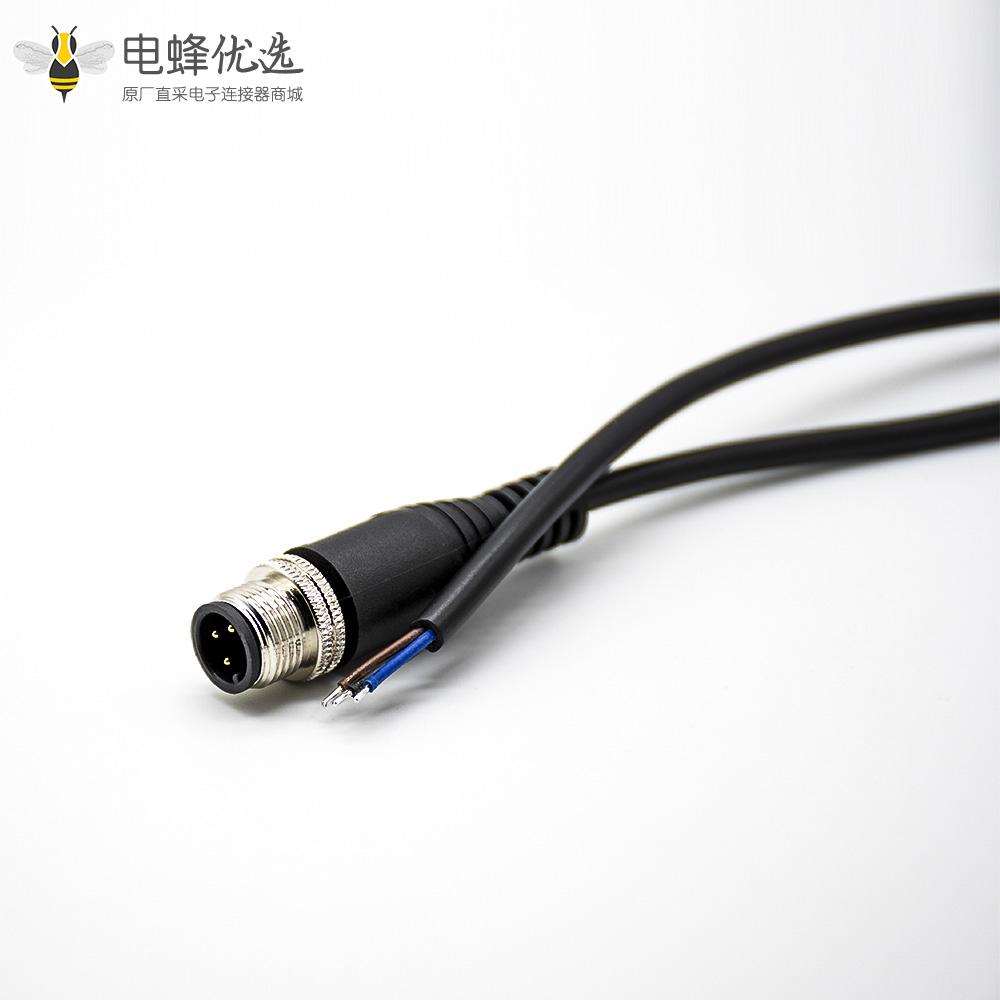 M12传感器3芯防水连接器直公头A扣不带屏蔽直式单边电缆2M