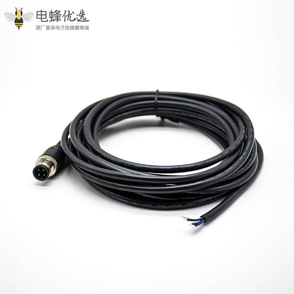 M12航空电缆A扣4芯公头直式不带屏蔽单边注塑线5米