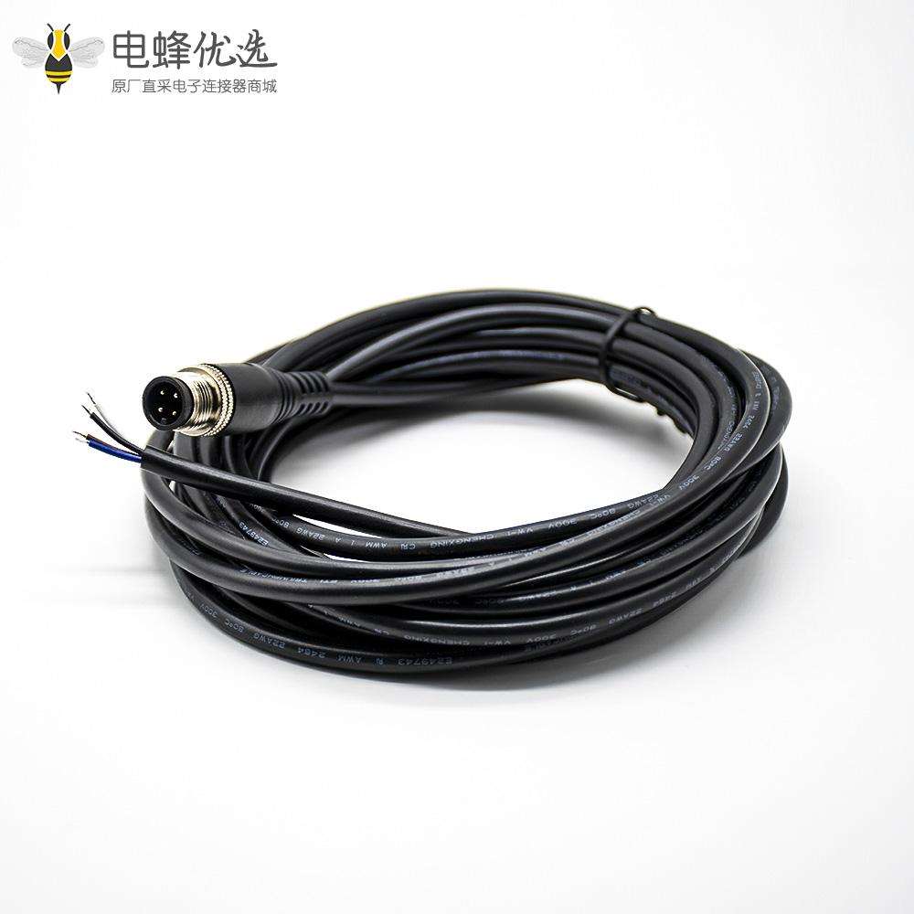 M12航空电缆A扣4芯公头直式不带屏蔽单边注塑线5米