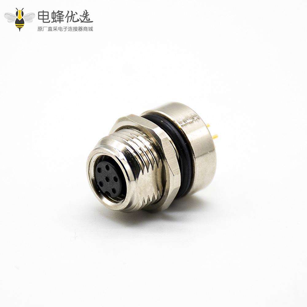 M8防水插座连接器A编码180°6芯母头前锁板接PCB板