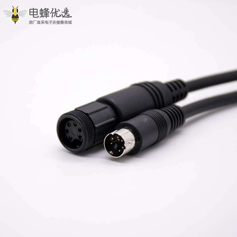 MINI DIN型连接器直式6芯公头转6芯MINI DIN塑料螺纹母头0.3M黑色注塑线28AWG PVC